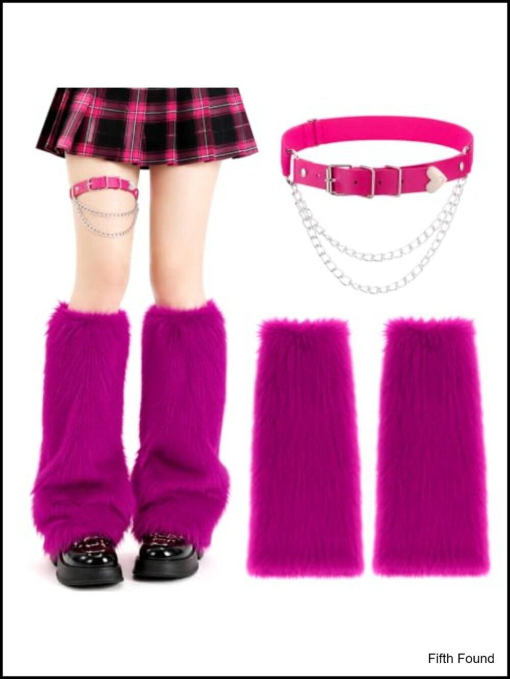 Faux Fur Fuzzy Leg Warmers with PU Leather Chain One Size Y2K Rave